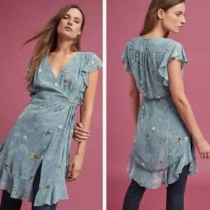 Anthropologie Feather Bone Silky Fairy Garden Butterfly Mini Wrap Osuna Dress XS